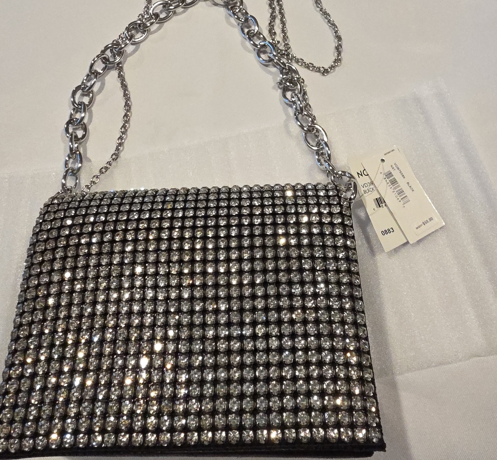 Jessica McClintock Silver/ Black Rhinestone Chain Clutch